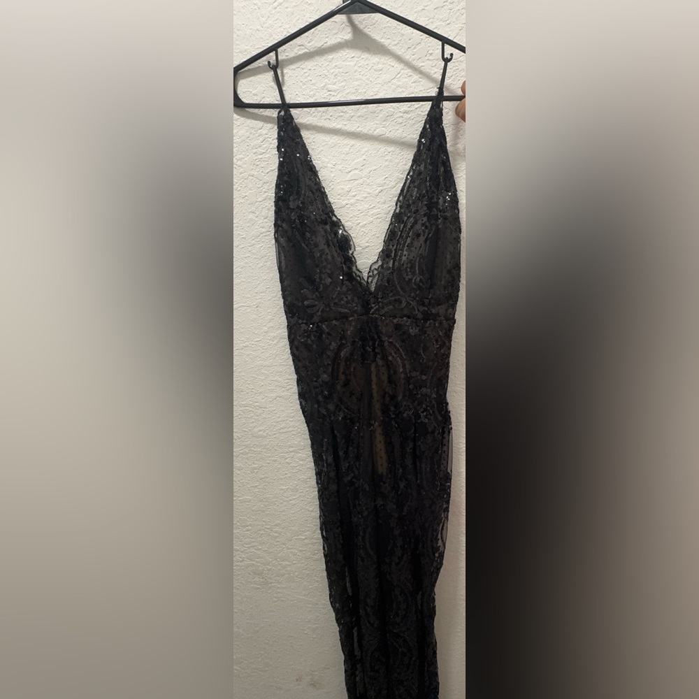 Dolls House London Black Mesh Sequin Sheer Jumpsuit | Deep V | Sexy Night Out